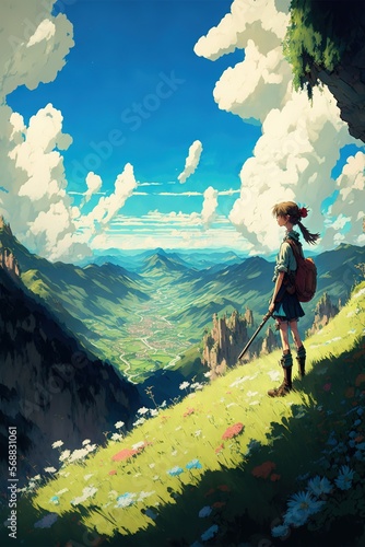 Anime girl with a backpack looking out over mountain valley with creeks, matte painting fantasy art, matte detailed cartoon painting. Generative AI © Iaroslav Lazunov