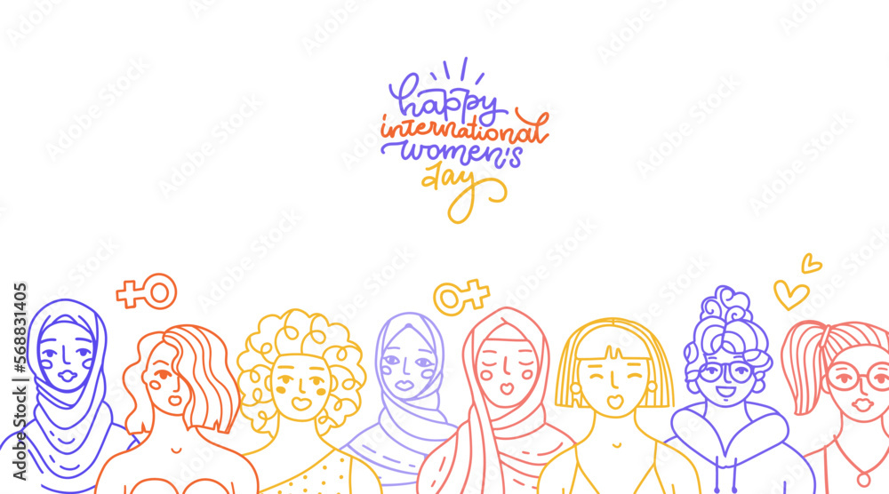 International Women's Day horizontal greeting banner. Abstract woman portrait different nationalities. Girl power, struggle for equality, feminism, sisterhood concept. Linear Vector design.
