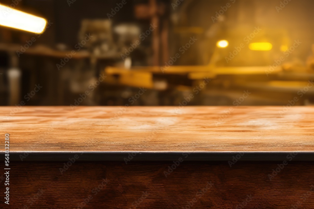 High-Resolution Mock-Up Image of an Empty Wooden Workbench Table on a Garage Worskshop Background, Ideal for Displaying Your Designs in a Realistic Setting - obrazy, fototapety, plakaty 