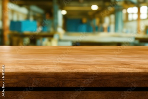 High-Resolution Mock-Up Image of an Empty Wooden Workbench Table on a Garage Worskshop Background, Ideal for Displaying Your Designs in a Realistic Setting