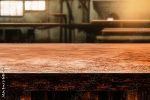 High-Resolution Mock-Up Image of an Empty Wooden Workbench Table on a Garage Worskshop Background, Ideal for Displaying Your Designs in a Realistic Setting