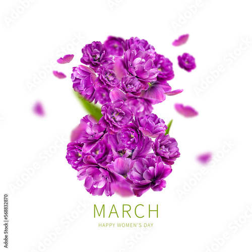International Women's Day. Number eight from purple flowers on white background. With clipping path. Flower card, floral composition. Spring, holiday, layout, art. Mockup