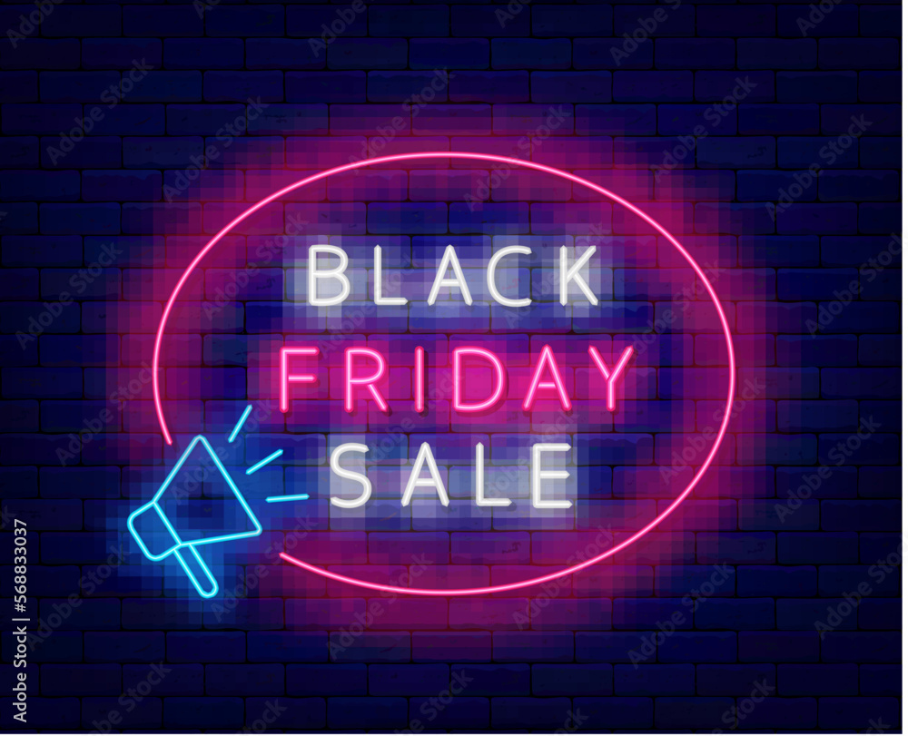 Black friday sale neon advertising. Blue frame with megaphone. Shiny simple banner. Vector stock illustration Black friday sale neon advertising. Blue frame with megaphone. Shiny simple banner. Vector stock illustration