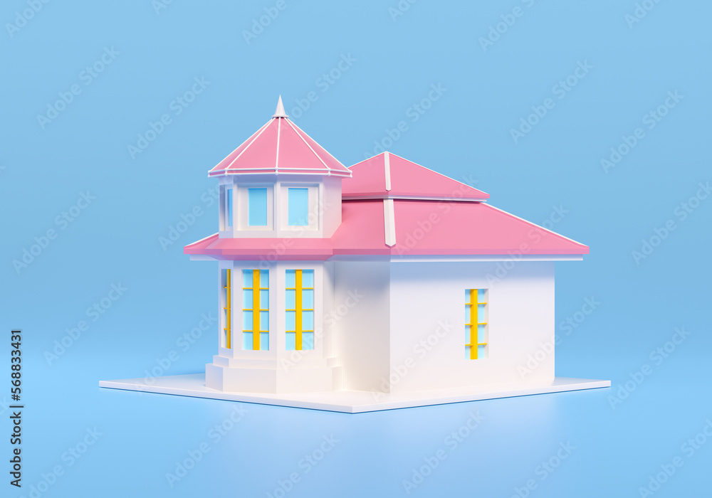3D Victorian house style, house icon on blue icon. 3d render illustration