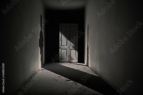 Empty night dark room and moonlight through the window  dark corridor with sun rays. AI