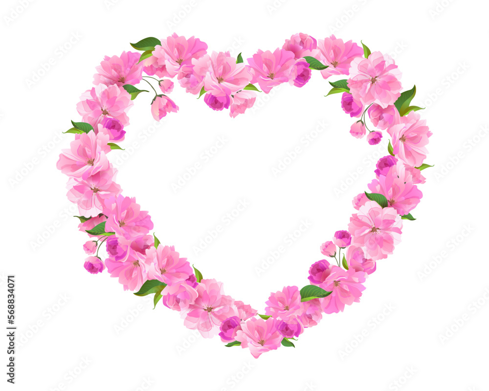 Valentine's day card with pink heart-shaped flowers and a pair of Japanese nightingales. Vector illustration. A wreath of cherry blossoms. Cherry blossoms in spring. Symbol of love.