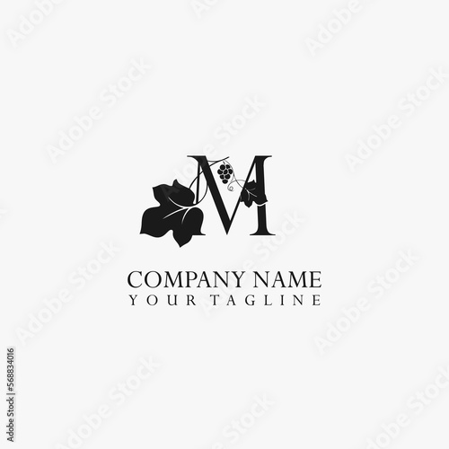 Letter M vector stock logo, abstract grape vector template. Illustration design of elegant logotype vine store on isolated background.