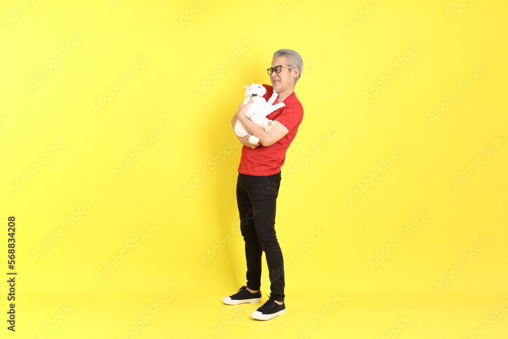 The 40s adult Asian man with casual dressed standing on the yellow background. The 40s adult Asian man with casual dressed standing on the yellow background.