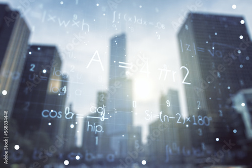 Abstract scientific formula hologram on office buildings background. Multiexposure