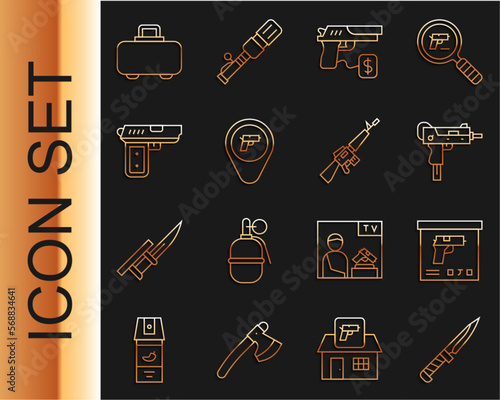 Set line Military knife, ammunition box, UZI submachine gun, Buying pistol, Location with weapon, Pistol or, Weapon case and M16A1 rifle icon. Vector