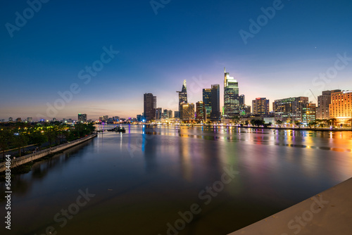 Ho Chi Minh City, Viet Nam 02 Jan 2023: Blue hour evening in Ho Chi Minh City, one of the most developed cities in Vietnam. With many famous towers such as Bitexco, Landmark 81,....