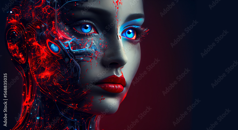 Generative AI painting. Close up portrait of android robot. Face of female cyborg. Woman half-robot with artificial intelligence parts. Blue and red colors with copy space. Modern tech concept. Generative AI painting. Close up portrait of android robot. Face of female cyborg. Woman half-robot with artificial intelligence parts. Blue and red colors with copy space. Modern tech concept.