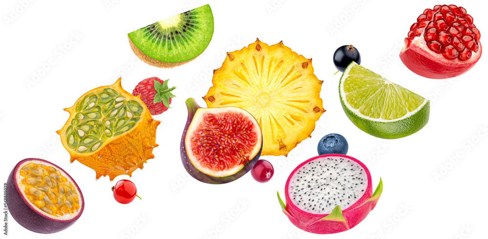 Falling exotic fruit slices isolated on white background Falling exotic fruit slices isolated on white background