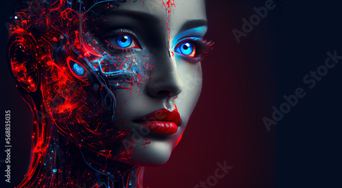 Generative AI painting. Close up portrait of android robot. Face of female cyborg. Woman half-robot with artificial intelligence parts. Blue and red colors with copy space. Modern tech concept.