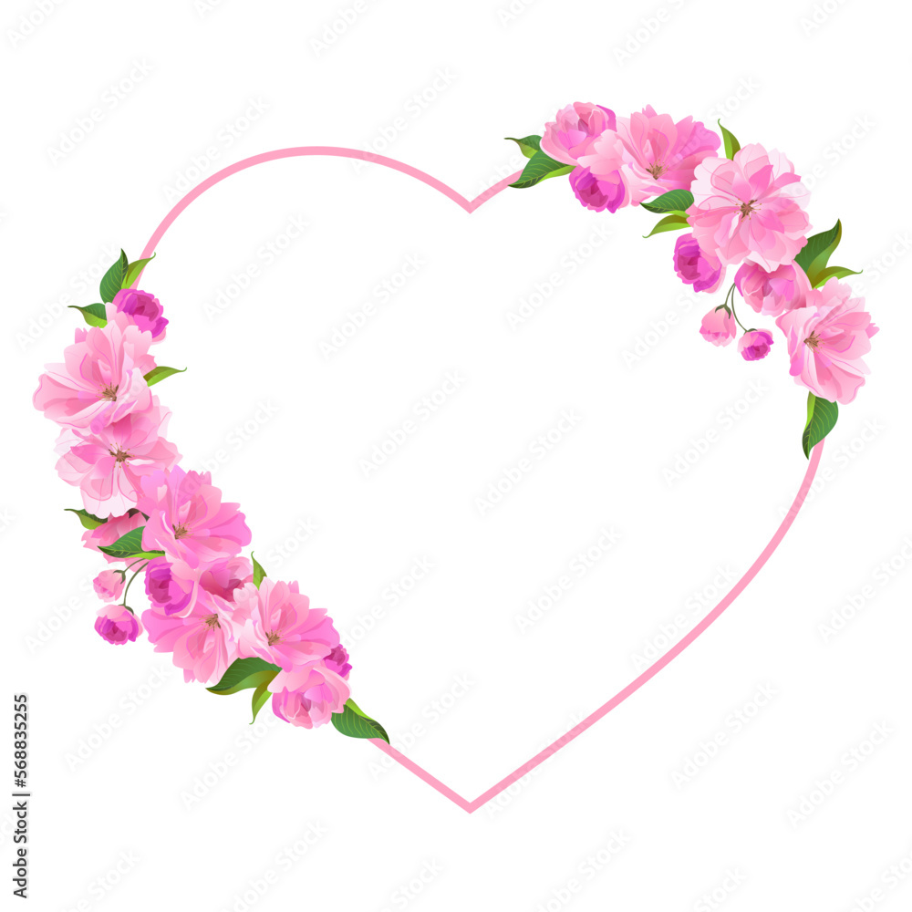 Valentine's day card with pink flowers in the shape of a heart. Vector illustration. A wreath of cherry blossoms. Spring cherry blossoms. Symbol of love.