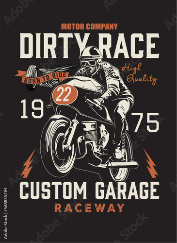 hand drawn cafe racer race illustration ,vintage tee print design