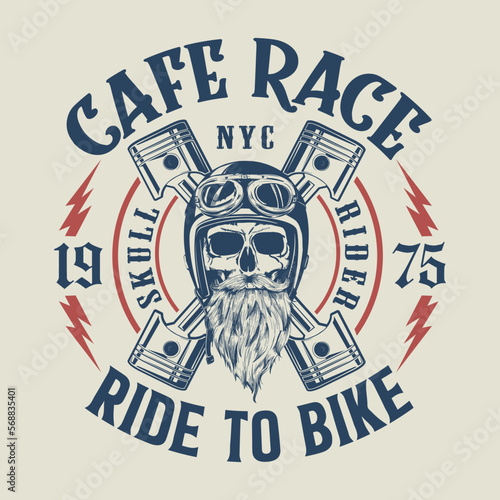skull rider cafe racer illustration, vintage tee print design