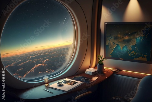 Luxurious first class private cabin of an airplane. Generative AI photo
