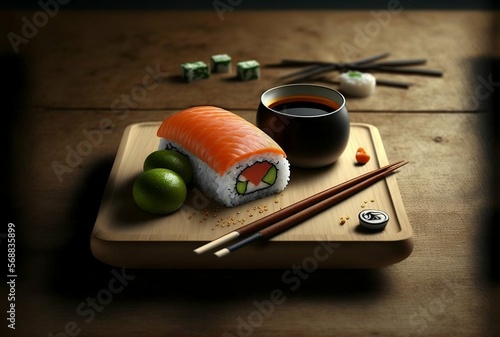 Traditional asian dish with suhsi and fresh salmon. Generative AI photo