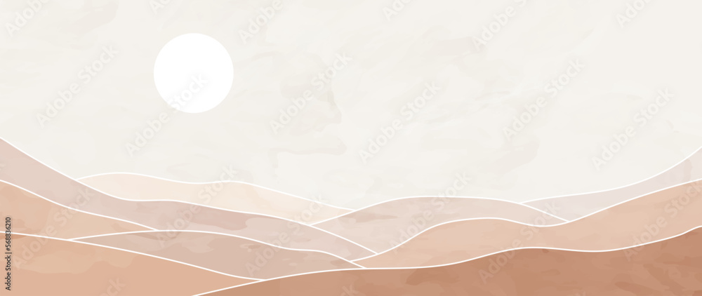 Fototapeta premium Abstract desert landscape with sun with white lines. Mountain vector background with watercolor texture in boho style, for prints, posters, covers, wall art and home decoration.