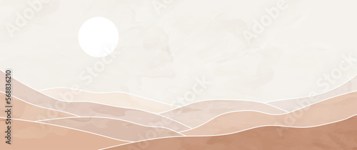 Abstract desert landscape with sun with white lines. Mountain vector background with watercolor texture in boho style, for prints, posters, covers, wall art and home decoration.