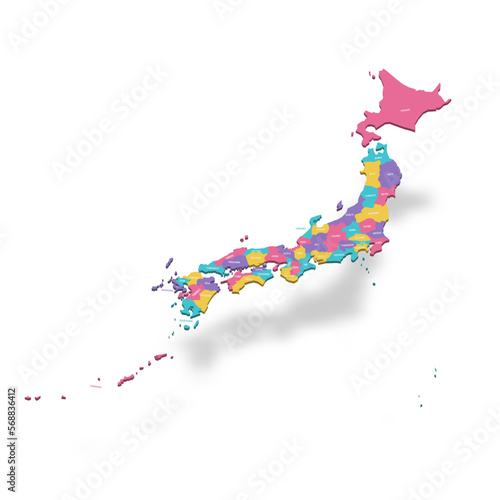 Japan political map of administrative divisions - prefectures  metropilis Tokyo  territory Hokaido and urban prefectures Kyoto and Osaka. 3D colorful vector map with name labels.