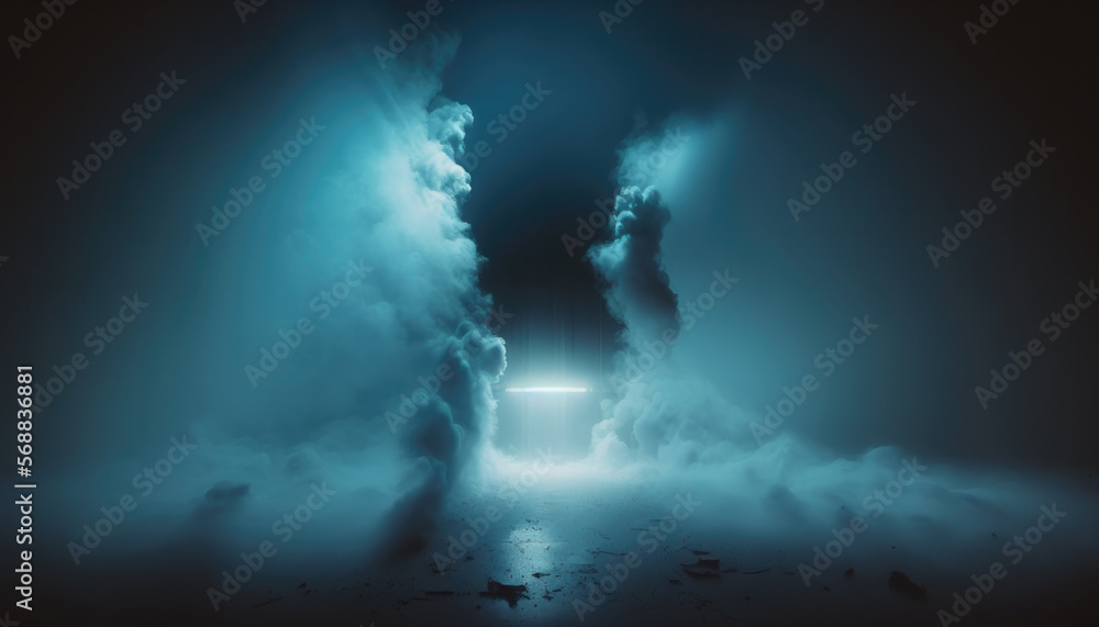 Dark scene blue neon with lights and smoke created with Generative AI Technology, ai, generative