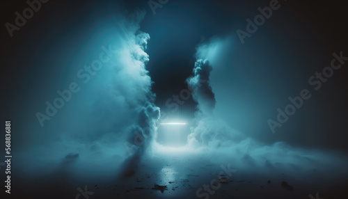 Dark scene blue neon with lights and smoke created with Generative AI Technology, ai, generative