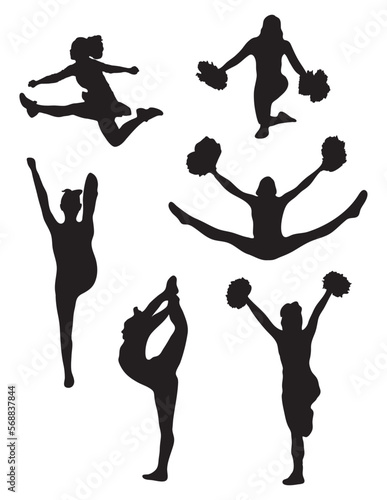 Cheerleading silhouettes, girls in different cheer poses, girls cheerleading