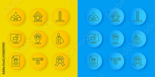 Set line Medical clinical record pet, Fish, Location veterinary hospital, Pet award symbol, Dog collar with bone, food bowl for dog, Cat scratching post toy and house icon. Vector
