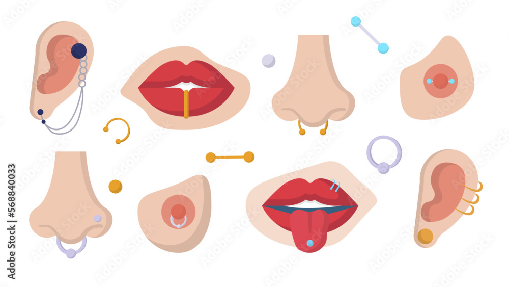 Vector illustration of various piercing variations. Earrings for piercing. Piercing in the nose, ear, lips, chest. Body jewelry on white background