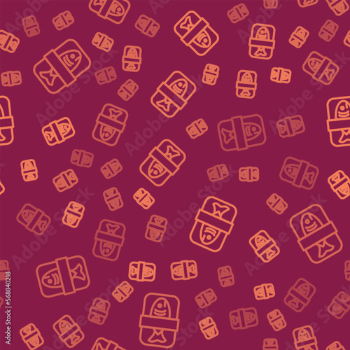Brown line Fish plastic tray container with cellophane cover icon isolated seamless pattern on red background. Vector