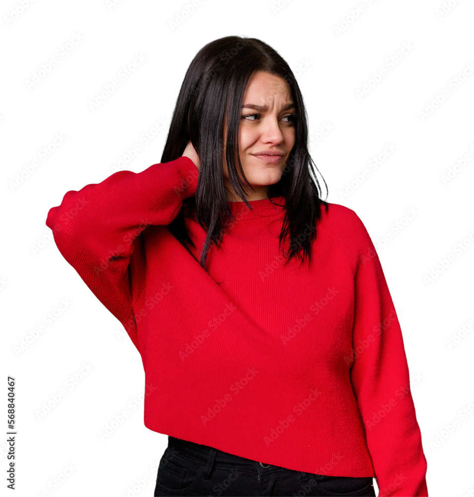 Young caucasian woman isolated touching back of head, thinking and making a choice. Young caucasian woman isolated touching back of head, thinking and making a choice.