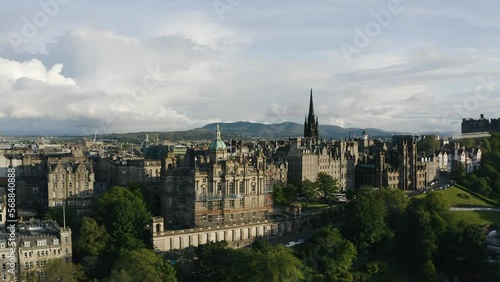 Aerial view of Edinburgh's Museum on the Mound with sunlight casting warm light on the downtown buildings. photo