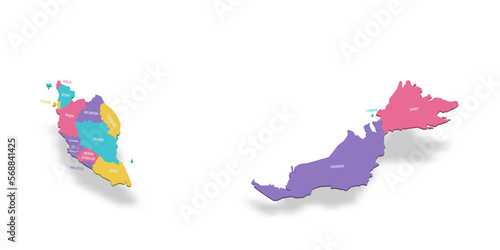 Malaysia political map of administrative divisions - states and federal territories. 3D colorful vector map with name labels.