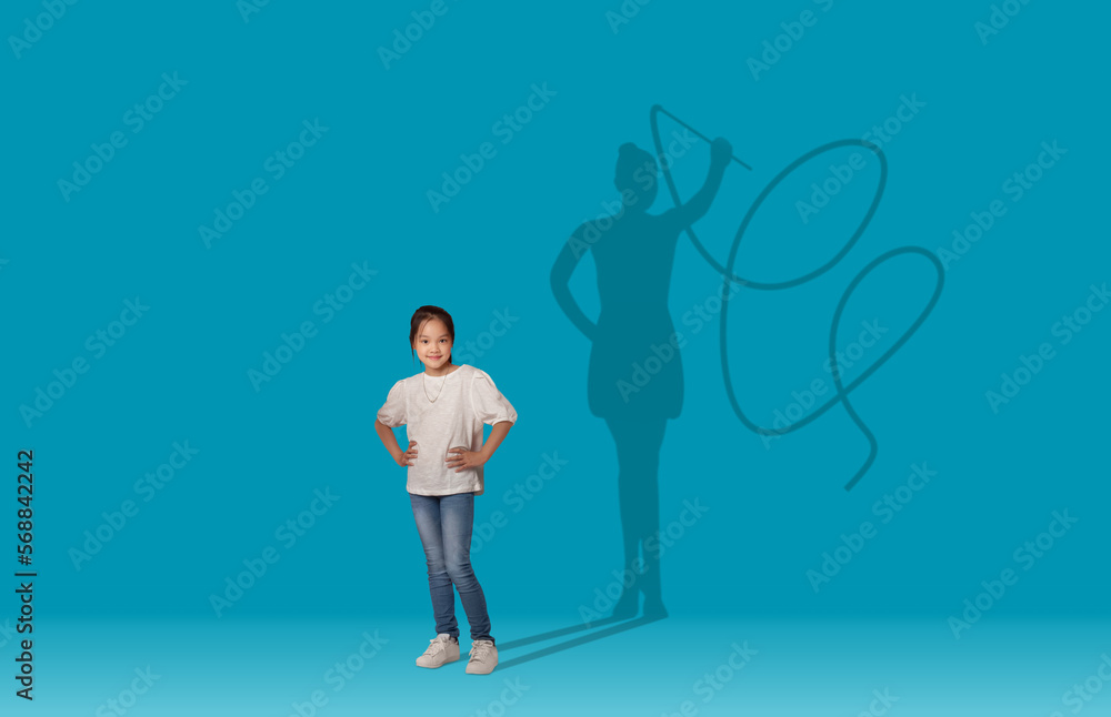 Female gymnast shadow over dreamy asian girl schooler Female gymnast shadow over dreamy asian girl schooler