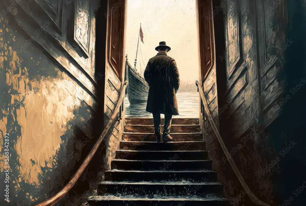 Man in coat and hat goes up stairs to water, Venetian boat. Generative AI Man in coat and hat goes up stairs to water, Venetian boat. Generative AI