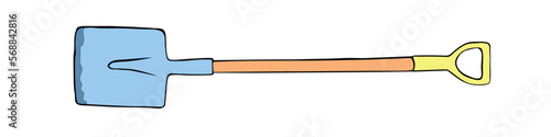Vector outline garden shovel, spade, scoop. Tools for working on the farm, in the dacha, country site in doodle flat style. Hand drawn isolated color illustration