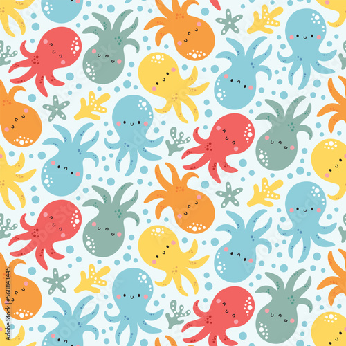 Marine seamless vector pattern with octopus  corals  algae  seabed
