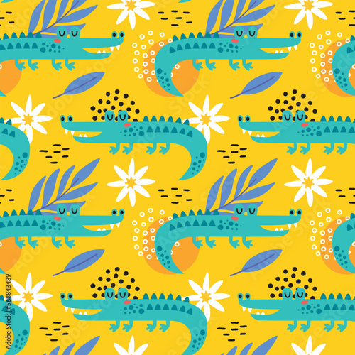 Seamless cute vector floral tropical pattern with crocodile, leaves, plants, branches and flowers