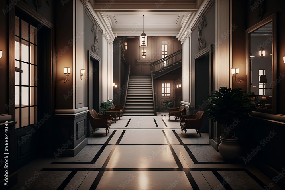 Hotel Corridor with Stairs at Night Generative AI