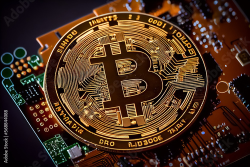 Bitcoin, physical representation of the digital currency with a gold-like appearance and texture, distributed through a decentralized network. Generative AI