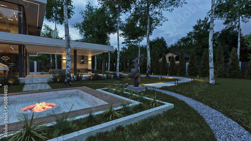 Modern house with yard. Evening illumination. Bonfire zone. 3D visualization