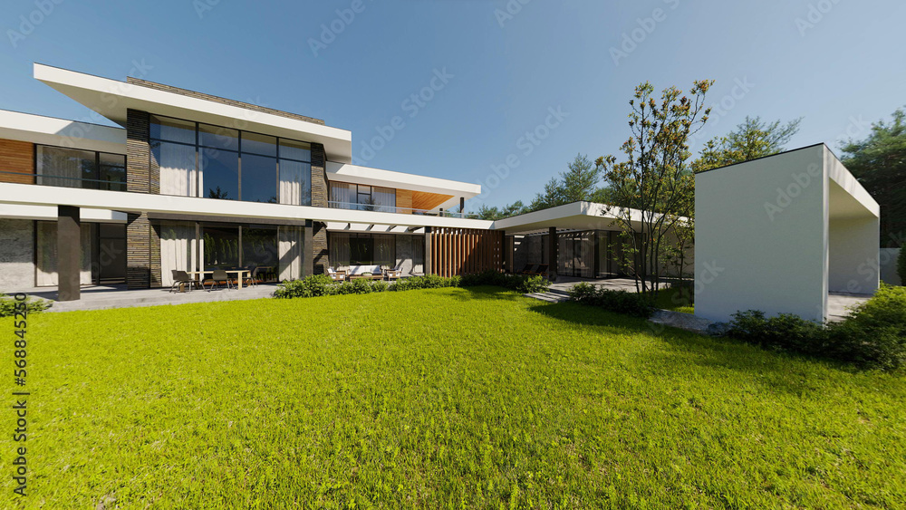 Modern house on a beautiful green area. House in modern style. 3D visualization