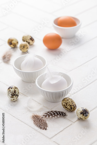 Different eggs with feathers for Easter on white background
