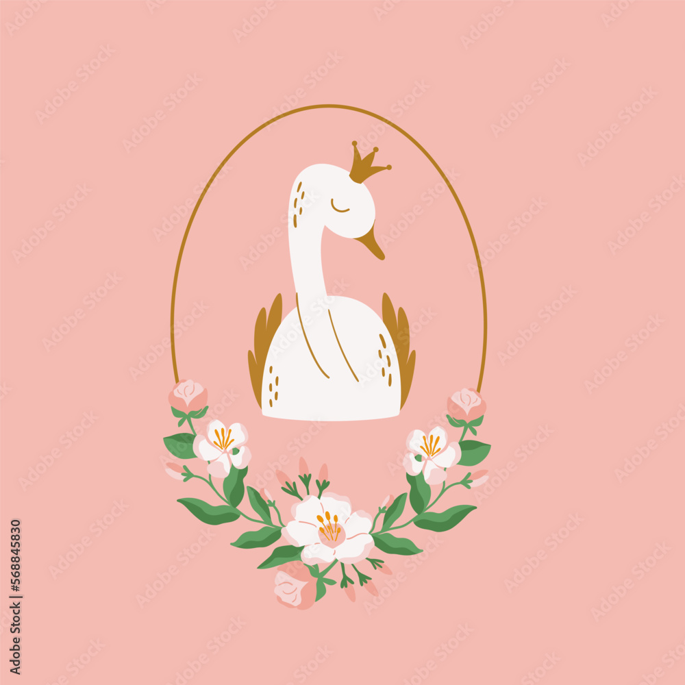 Swan princess portrait in floral oval frame on pink background. Cute swan bird in crown childish vector illustration for t-shirt print, baby shower template, invitations, kids decor, wall art, poster. Swan princess portrait in floral oval frame on pink background. Cute swan bird in crown childish vector illustration for t-shirt print, baby shower template, invitations, kids decor, wall art, poster.