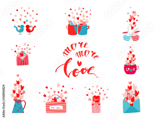 Set of isolated elements with valentines in bright red, pink and blue colors. Lots of flying hearts. Clipart. Valentine's day, congratulations, declaration of love, wedding.