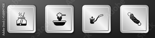 Set Aroma diffuser, Honey dipper stick with bowl, Sauna ladle and Washcloth icon. Silver square button. Vector