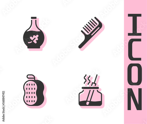 Set Aroma diffuser, Essential oil bottle, Washcloth and Hairbrush icon. Vector