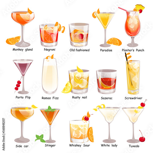 A set of cocktails "Unforgettables". Classic alcoholic cocktails. Vector illustration.